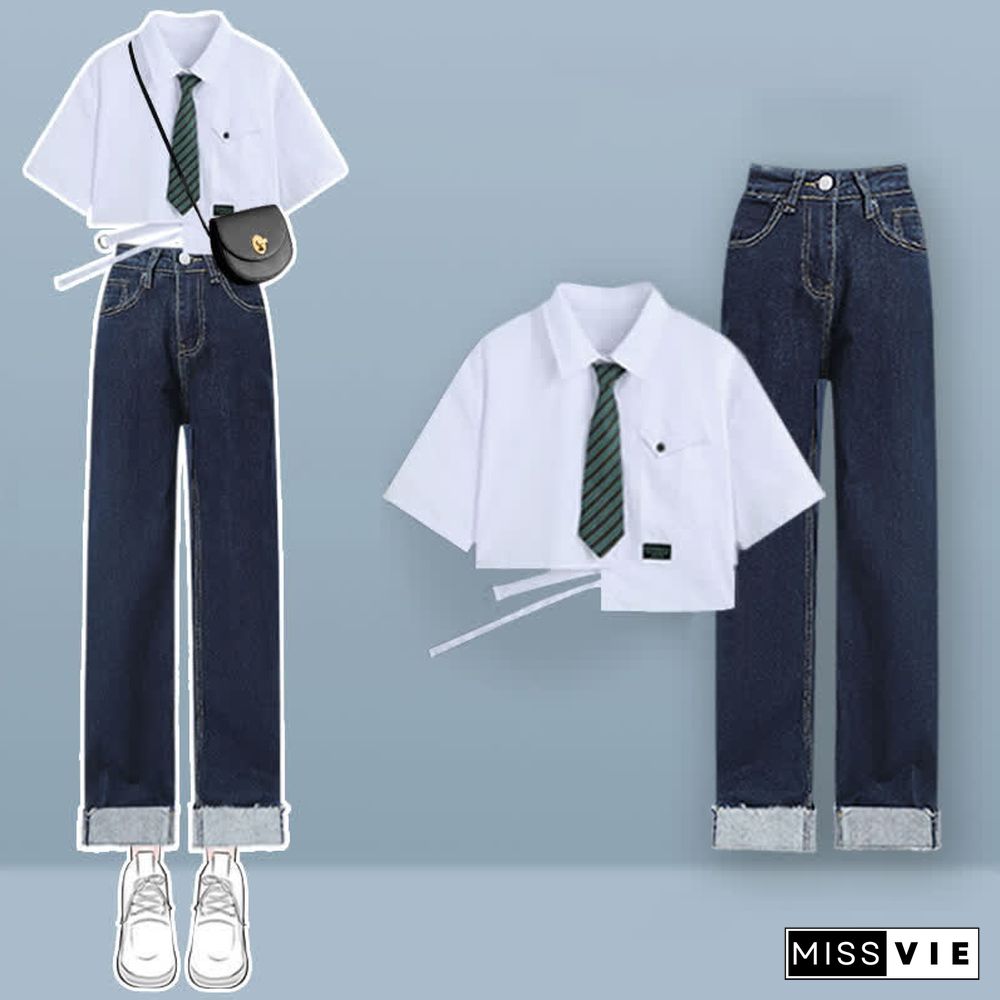 Lattice Print Drawstring Lapel T-Shirt Loose Denim Pants