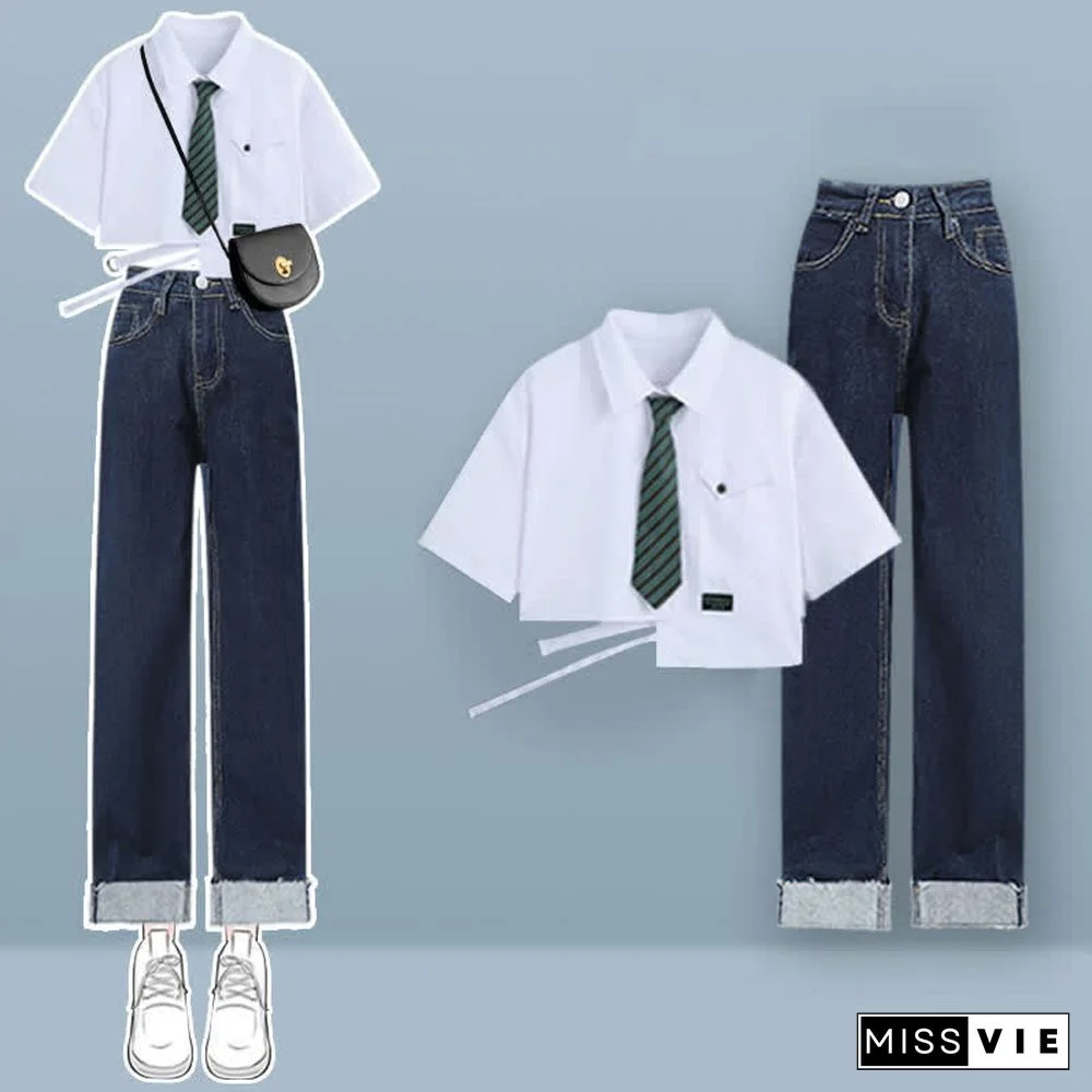 Lattice Print Drawstring Lapel T-Shirt Loose Denim Pants