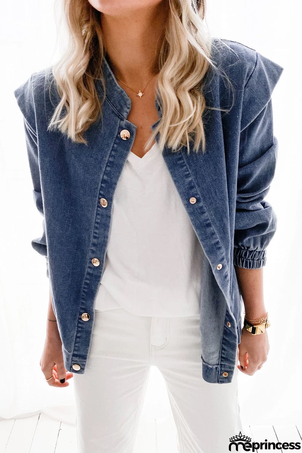 Solid Color Elastic Cuffs Buttoned Denim Jacket