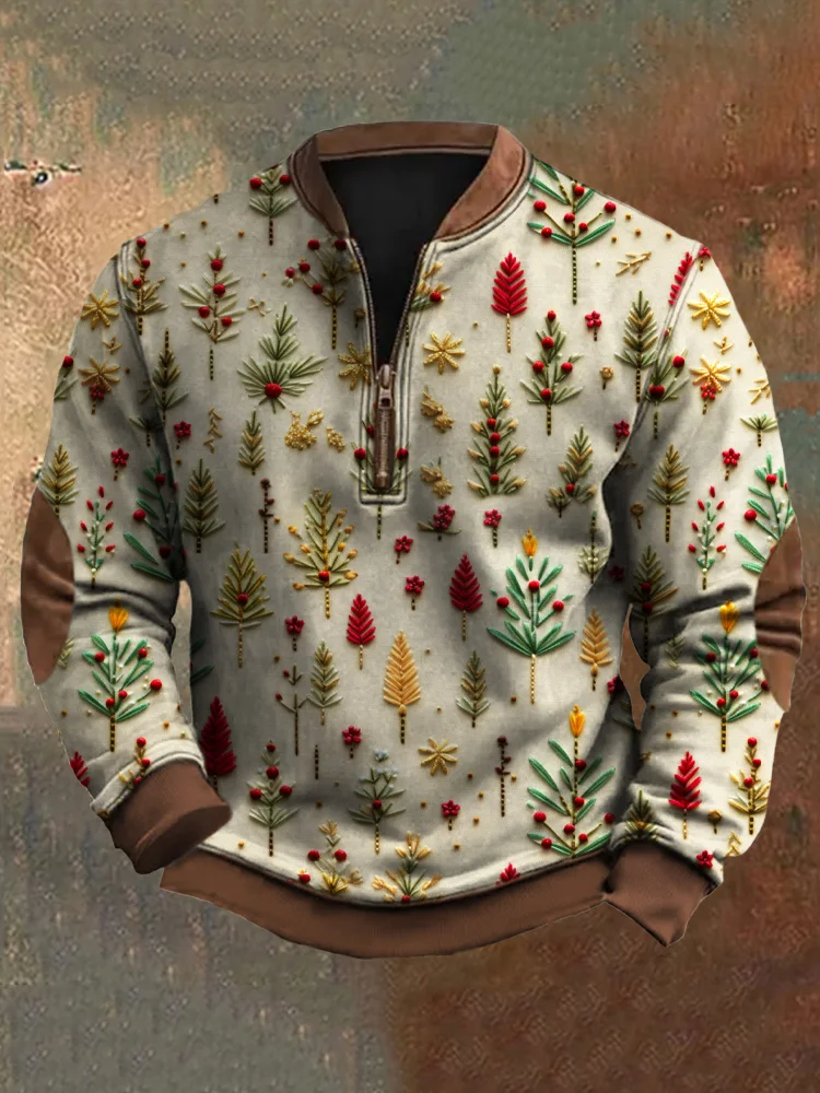 Christmas Tree Faux Embroidery Men's Vintage Zipper Sweatshirt