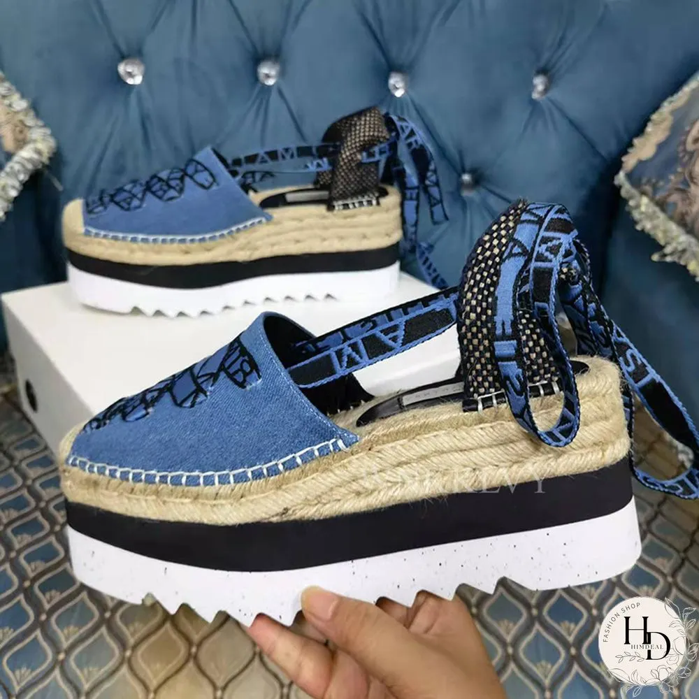 Flat Platform Denim Cloth Sandals Women Thick Sole Mixed Color Ankle Strappy Sandalias