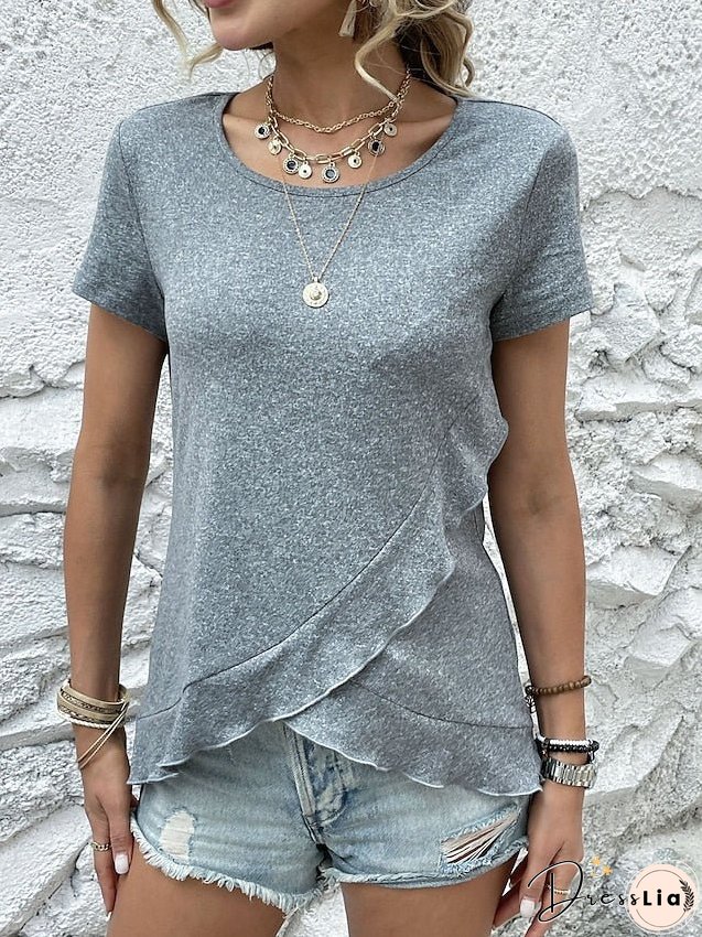 T shirt Tee Black Blue Green Plain Ruffle Short Sleeve Daily Weekend Basic Round Neck Regular S for Women