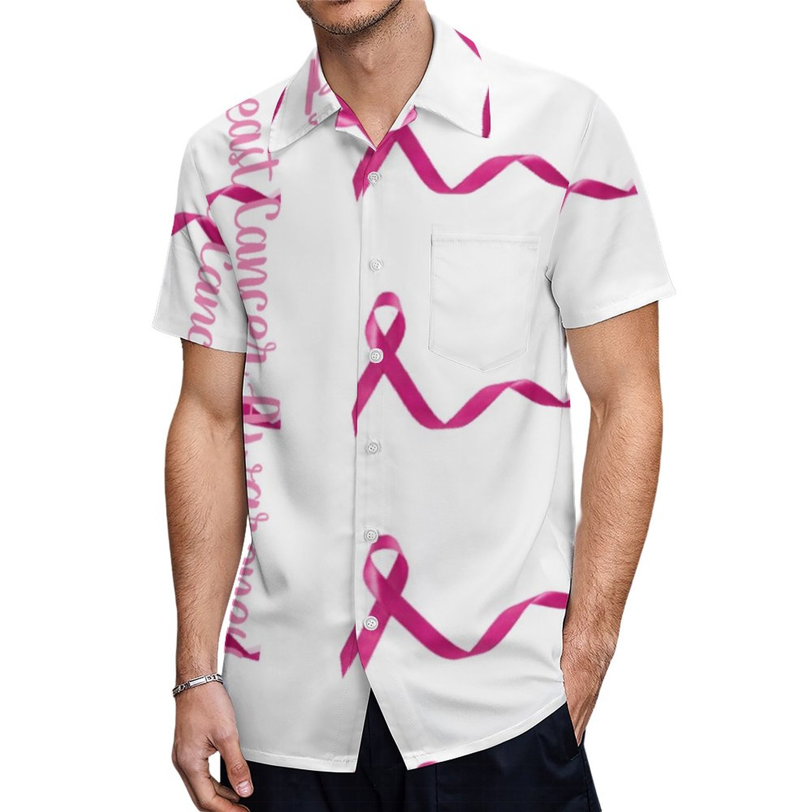 Breast Cancer Awareness Hawaiian Shirt Mens Button Down Plus Size Tropical Hawaii Beach Shirts