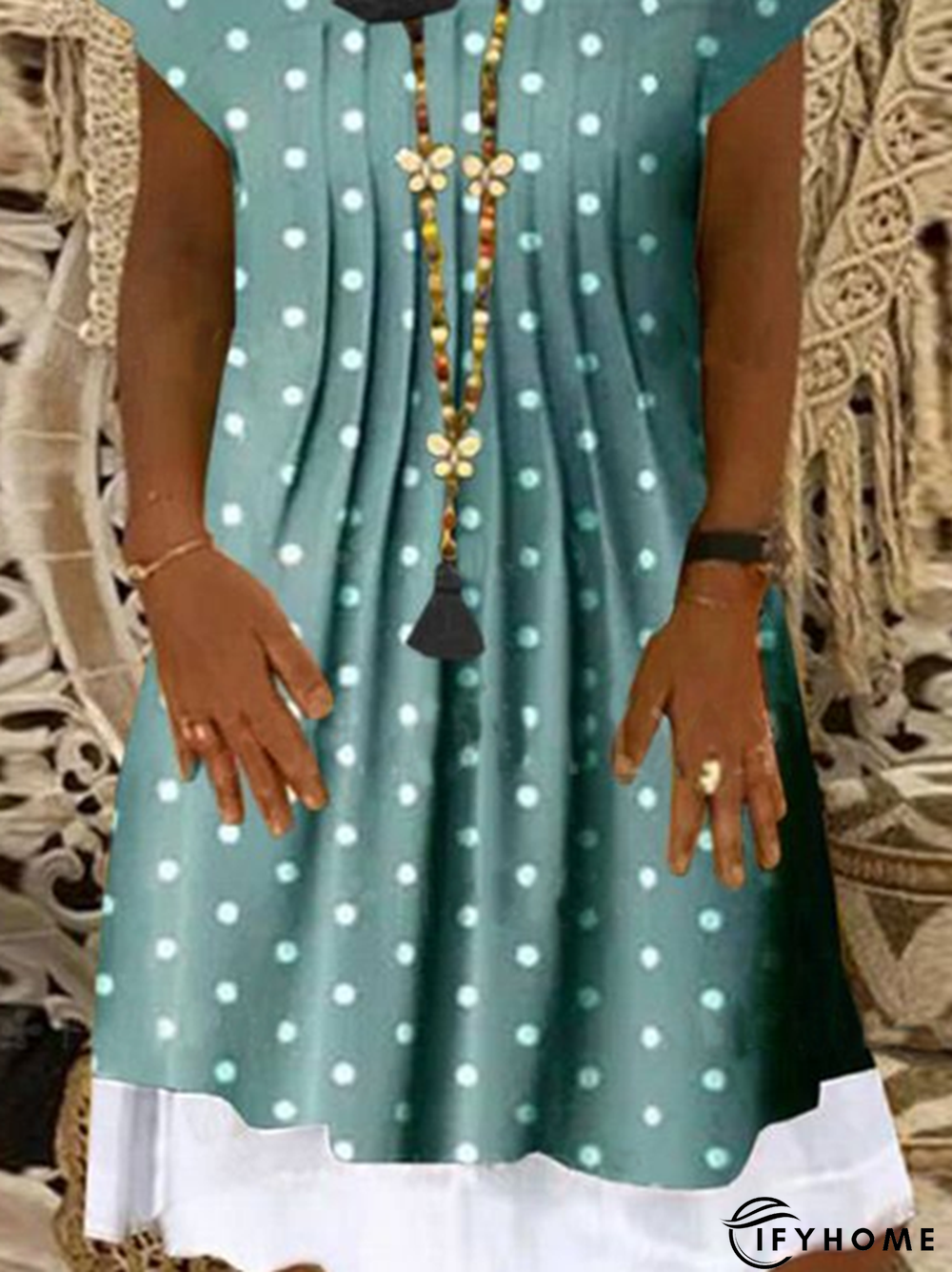 Crew Neck Short Sleeve Casual Polka Dots Weaving Dress | IFYHOME