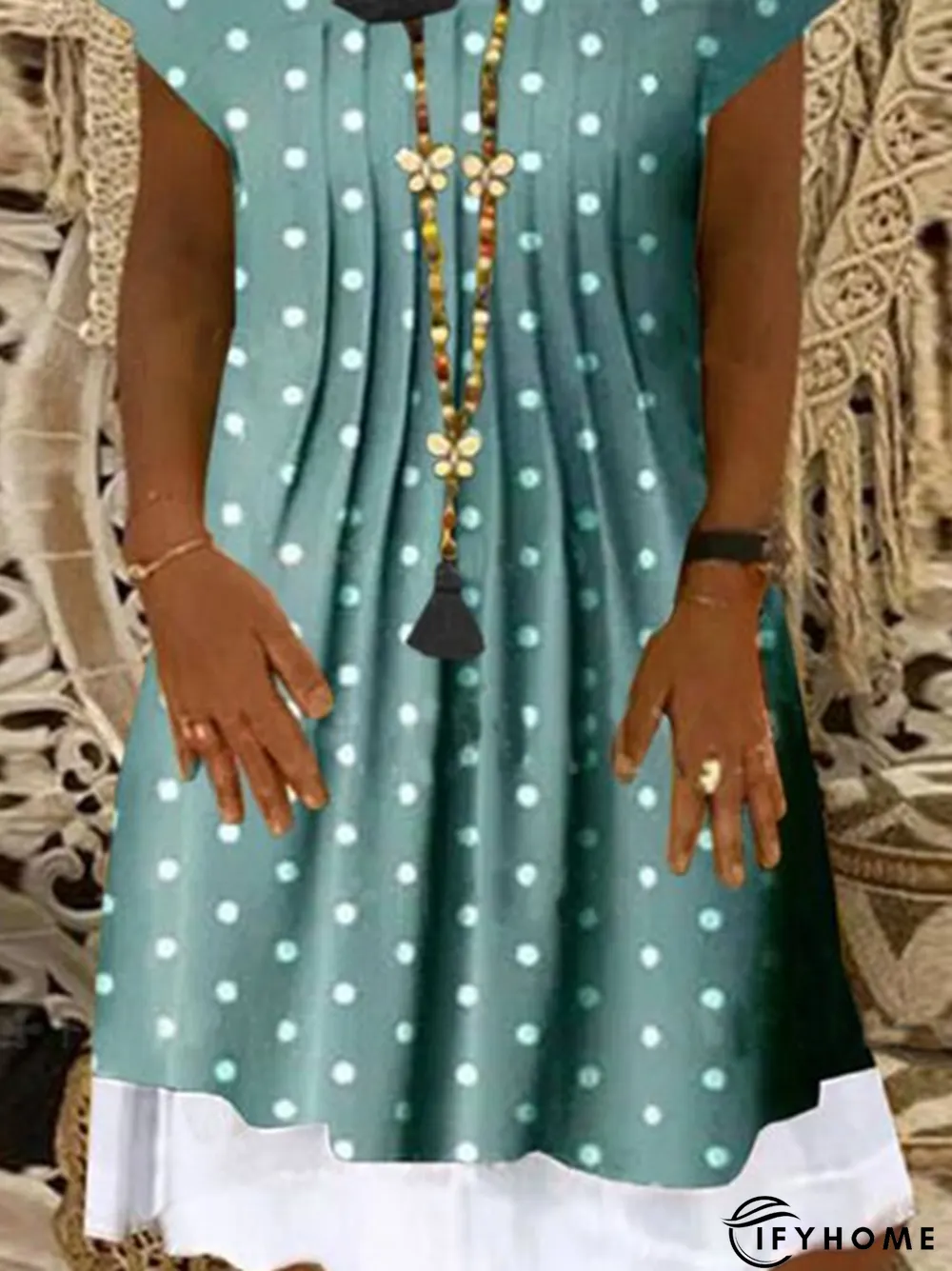 Crew Neck Short Sleeve Casual Polka Dots Weaving Dress | IFYHOME