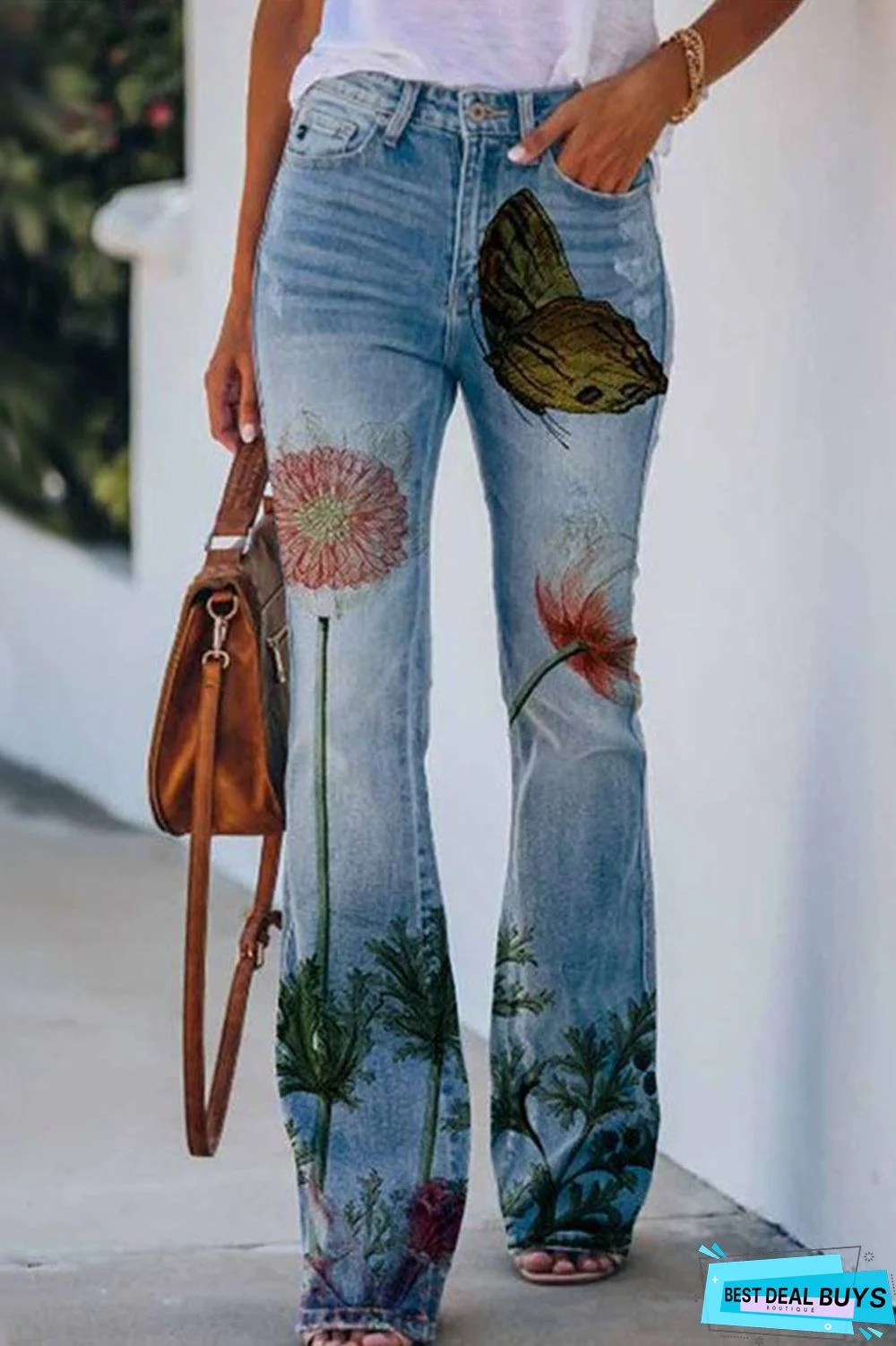 Casual Floral Pocket Regular Denim Jeans