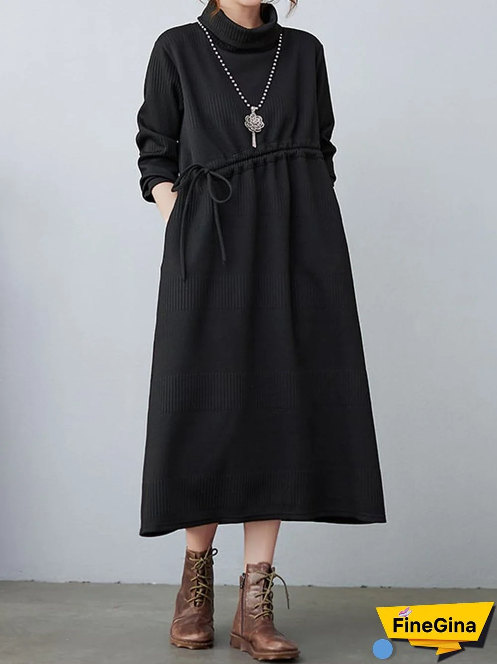 Women's Fall Winter Fashion Knit Layering Drawstring Tie-Waisted Jacquard Dresses