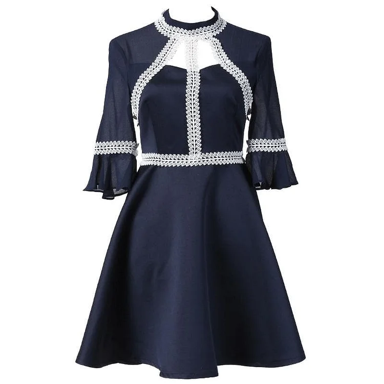 Navy Sweet Lace Flare Sleeve Dress SP1811952