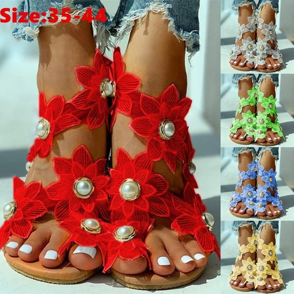 Summer Flat Bottom Ladies Sandals Lace Pearl Flower Roman Bohemian Beach Women Chiffon Shoes - BlackFridayBuys