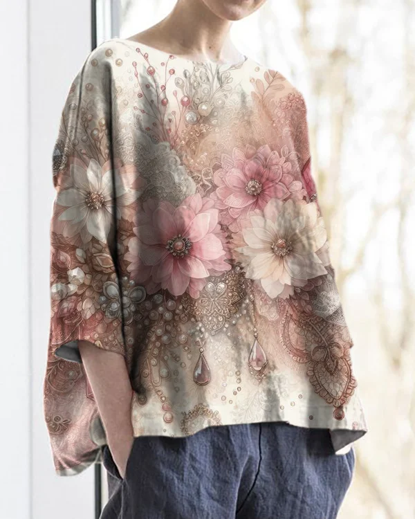 Retro Floral Round Neck Cotton and Linen Loose Top