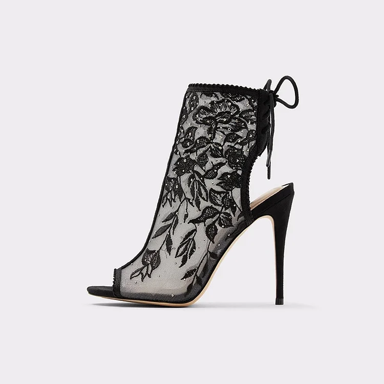Black Lace Floral Lace-Up Boots Peep Toe Heeled Booties for Women |FSJ Shoes