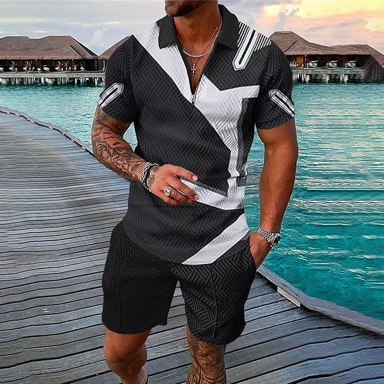 BrosWear Patchwork Print Black White Short Sleeve Polo Shirt And Shorts Co-Ord