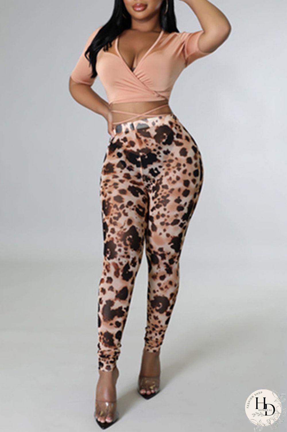 Black Fashion Casual Print Bandage V Neck Plus Size Two Pieces