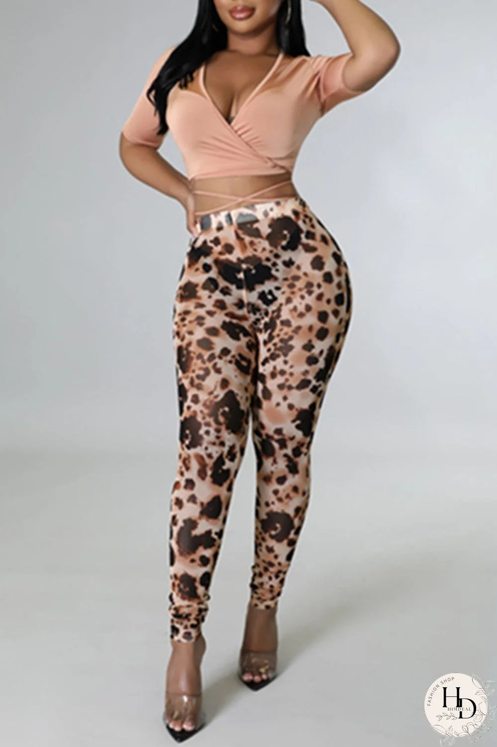 Black Fashion Casual Print Bandage V Neck Plus Size Two Pieces