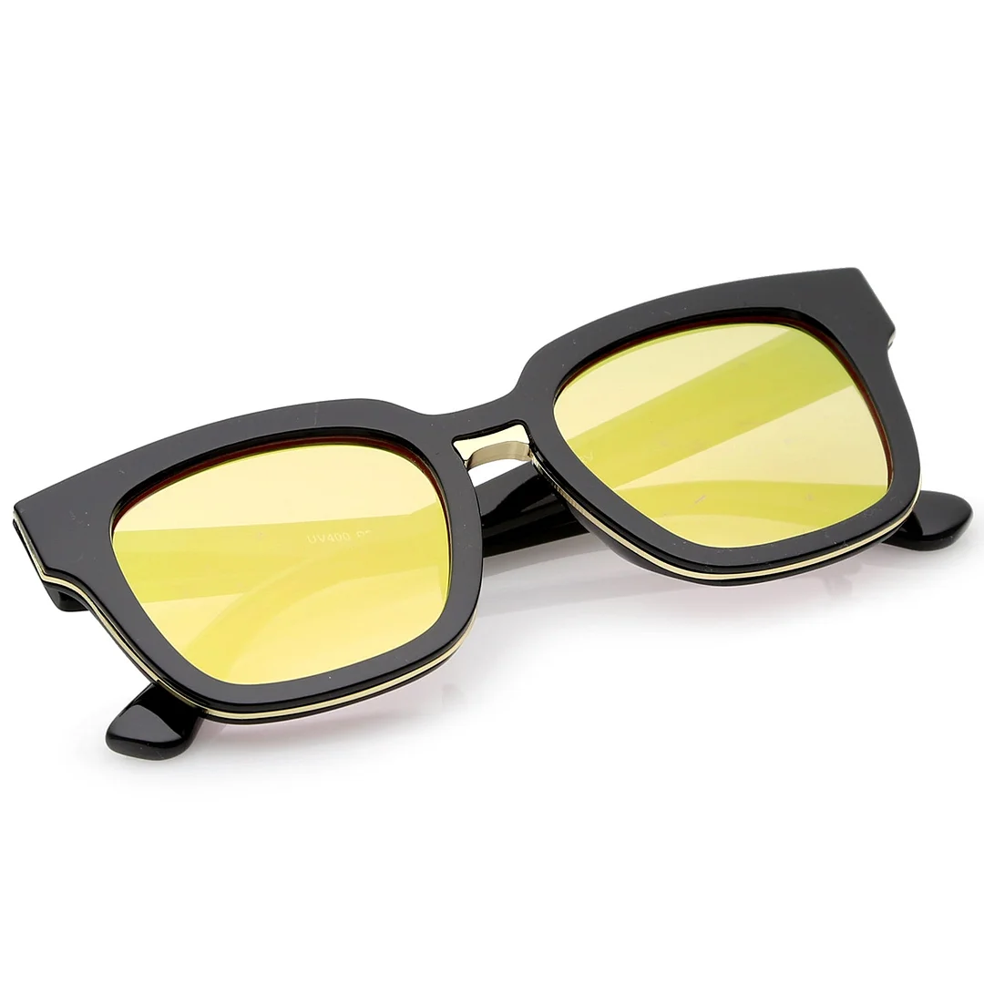 Modern Metal Trim Bridge Square Mirror Flat Lens Horn Rimmed glasses 50mm