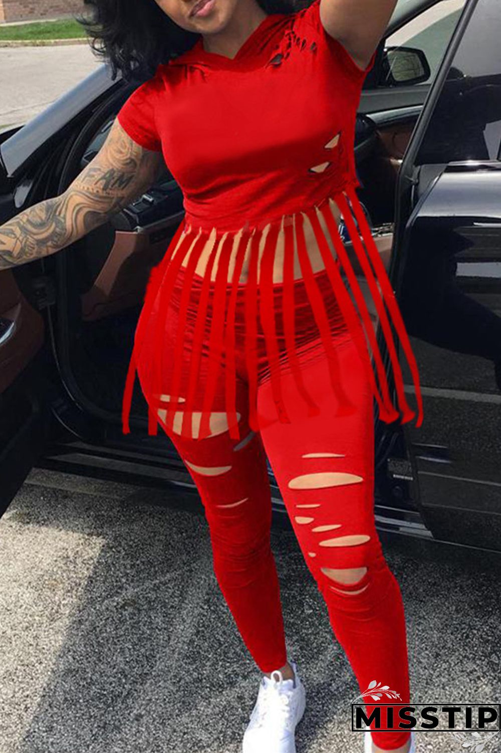 Blue Fashion Casual Solid Tassel Ripped Hooded Collar Plus Size Two Pieces