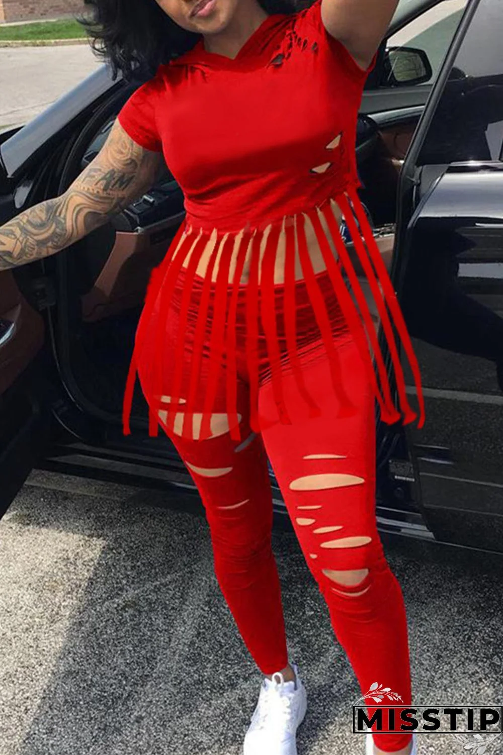 Blue Fashion Casual Solid Tassel Ripped Hooded Collar Plus Size Two Pieces