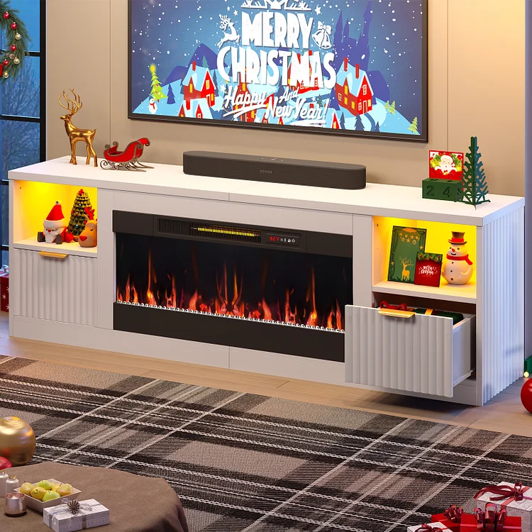 Bestier 70" Fluted Glossy Fireplace TV Stand with 36" Fireplace & LED Light Modern Entertainment Center with Cabinets