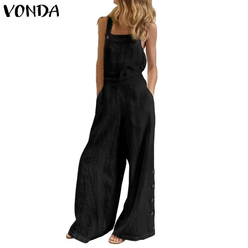 Linen Overalls 2021 VONDA Female Solid Party Playsuits Femme Office Overalls Women Jumpsuits Femininas S-