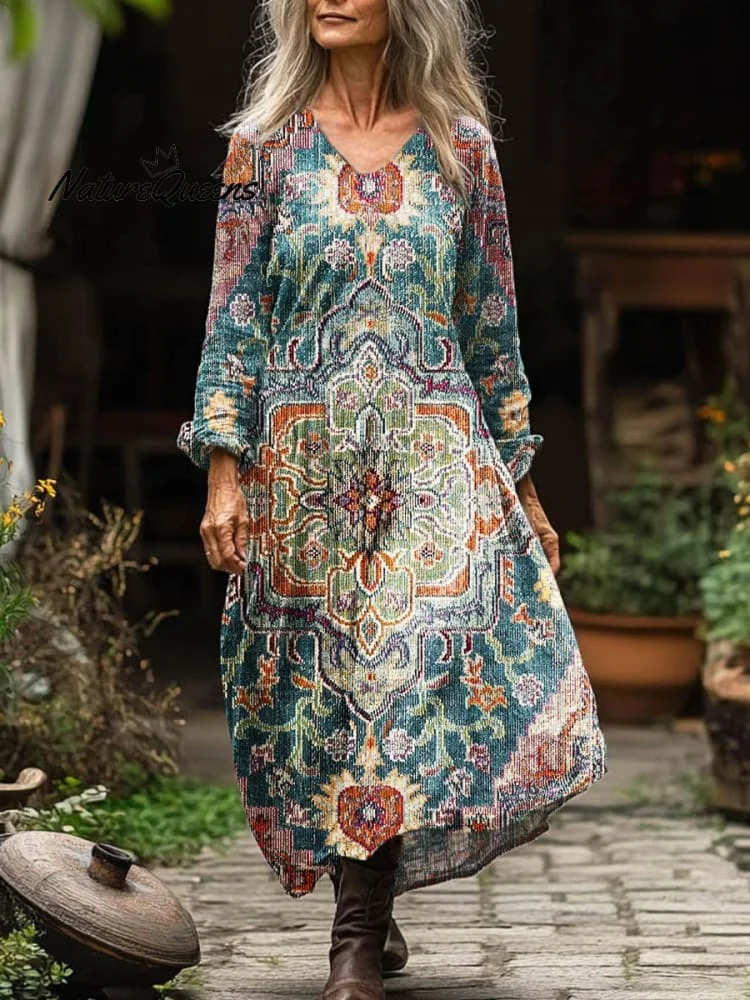 Women's Vintage Ethnic Floral Art Print Pocket Cotton Dress