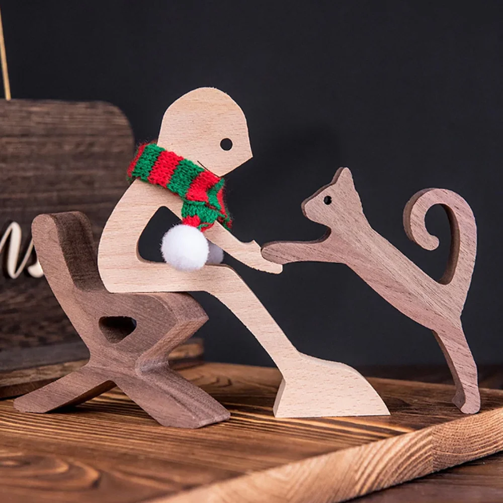 Purexcellent&trade; Creative wooden boy and cat home desktop carving ornament