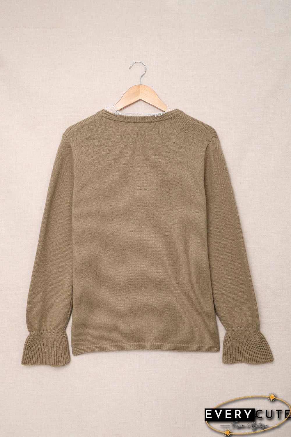 Khaki Eyelash V Neck Knitted Sweater