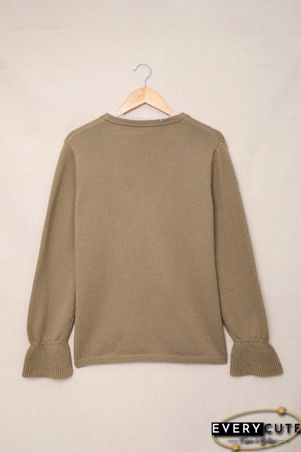 Khaki Eyelash V Neck Knitted Sweater