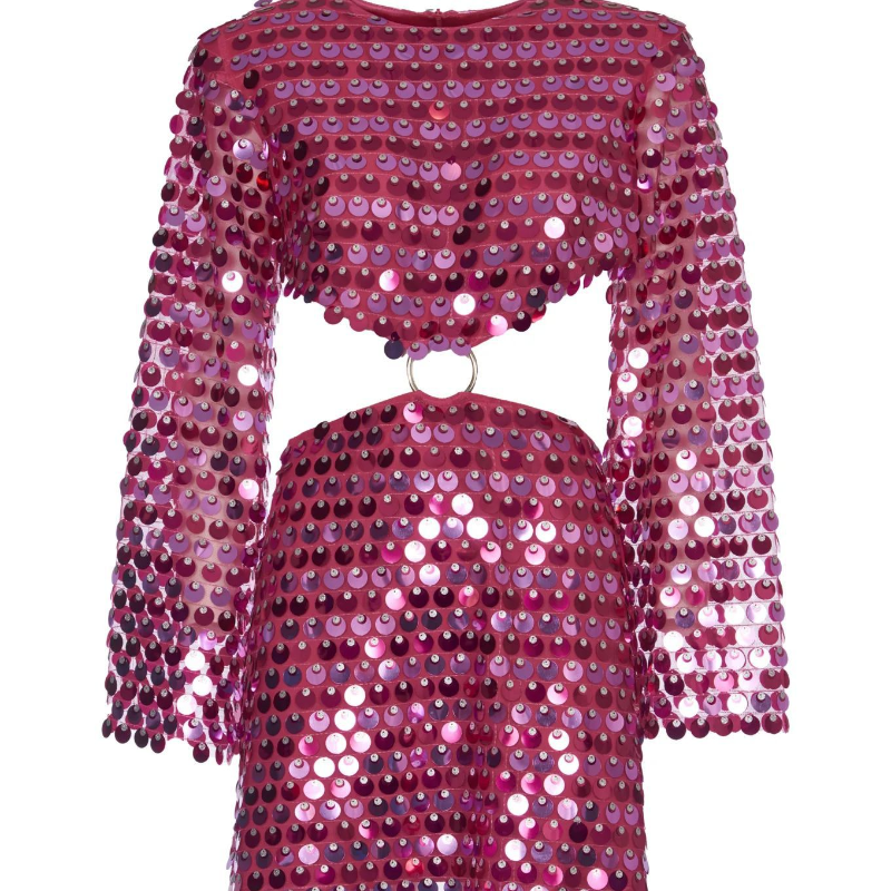 Women Fashion Glitter Sequins Hollow Out Mini Dress Elegant Round Neck Long Sleeves Short Dresses 2025 Female Chic Party Outfit