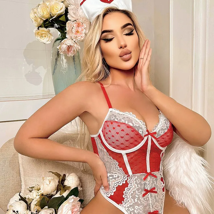 Churchf Sex Lingerie Shaping Nurse Lace Lace Bow Heart Type Perspective Sexy Suit