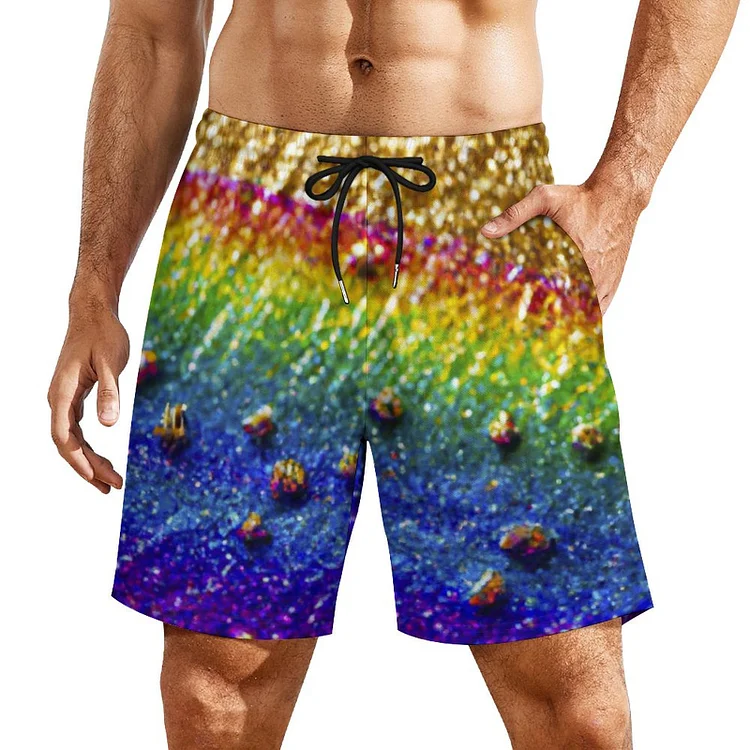 Shiny Bright Rainbow Golden Glitter Tie Dye Athletic Workout Sports Trunks Mens 2 In 1 Sports Gym Shorts With Phone Pocket - Heather Prints Shirts
