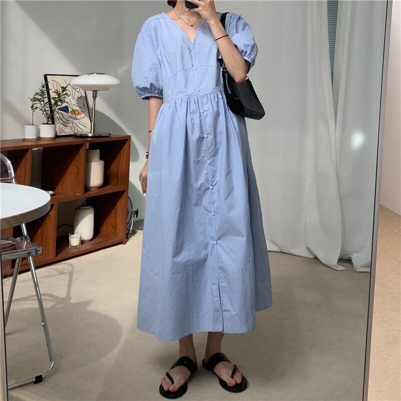 Uveng Sleeve Casual V-neck Dress Women Maxi Dresses Korean Style Cute Loose Fashion Students Solid Defined Waist Stylish Slim