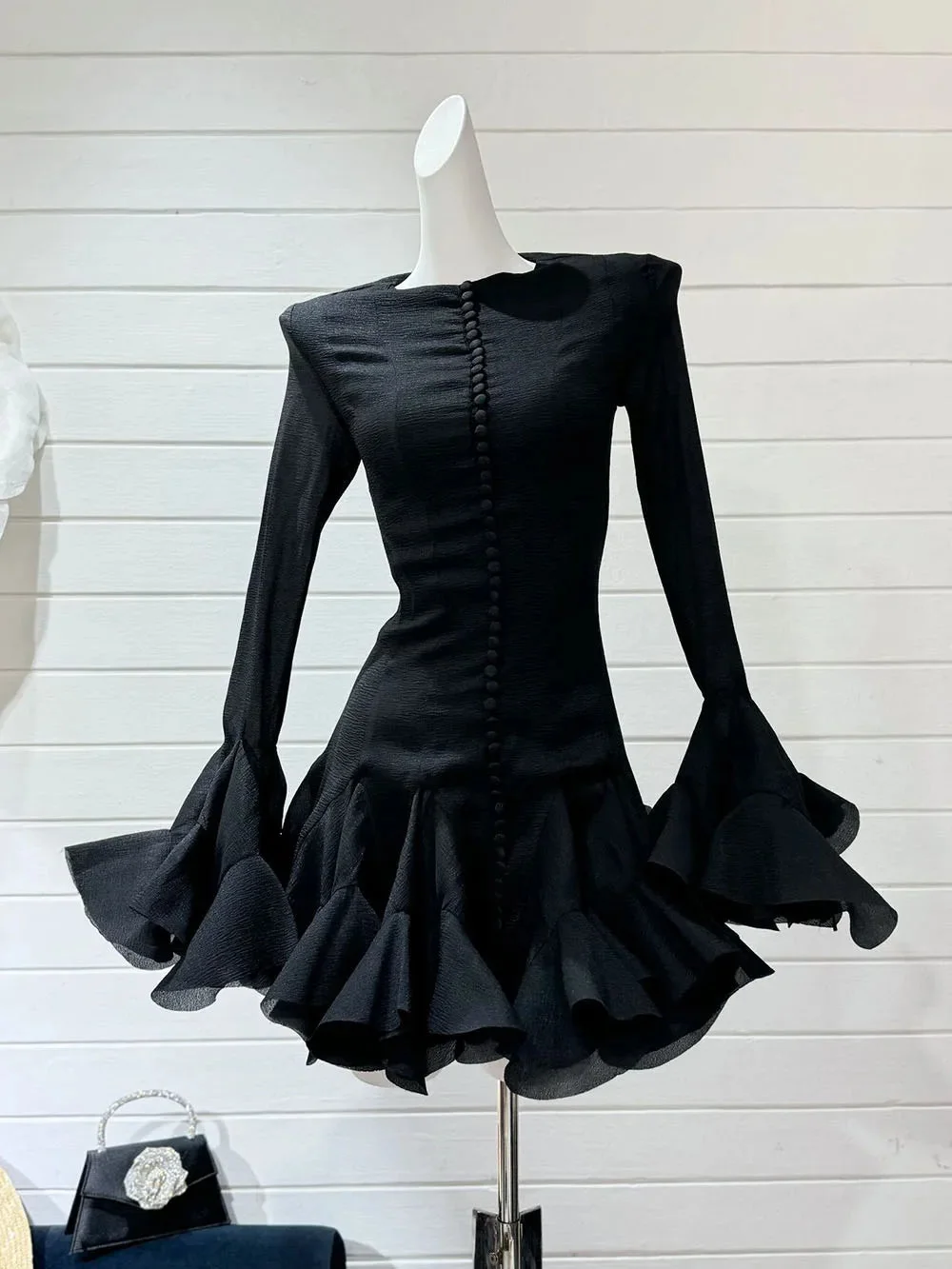 Toloer Frill Buttoned Long Sleeve Midi Dress-Outfit Ideas