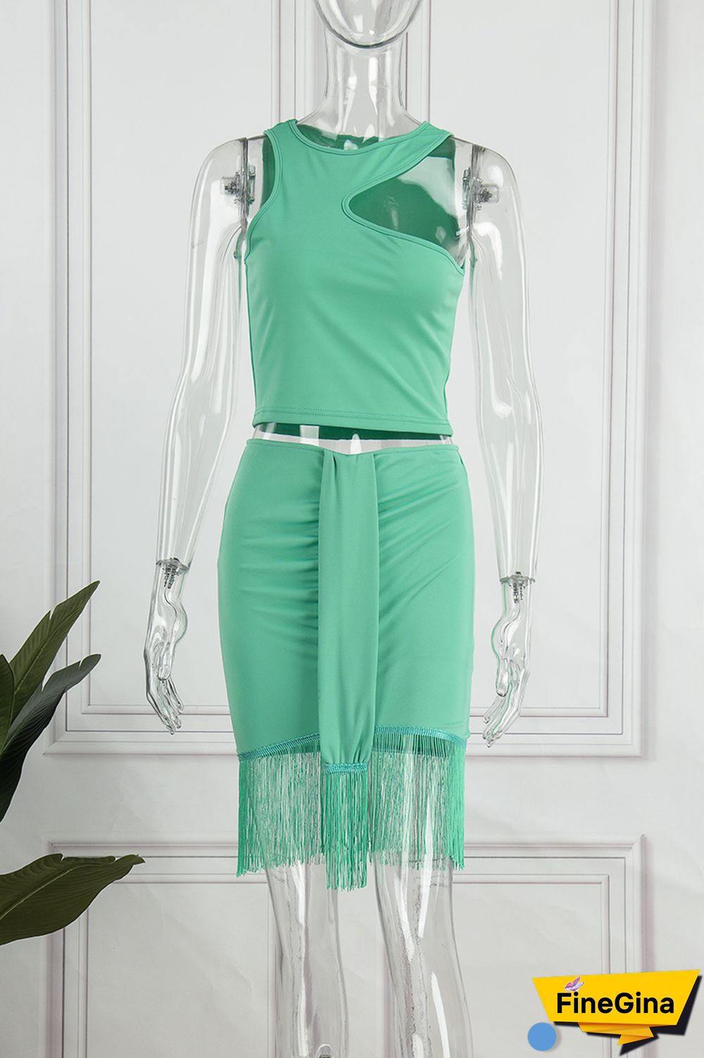 White Green Sexy Solid Tassel O Neck Sleeveless Two Pieces