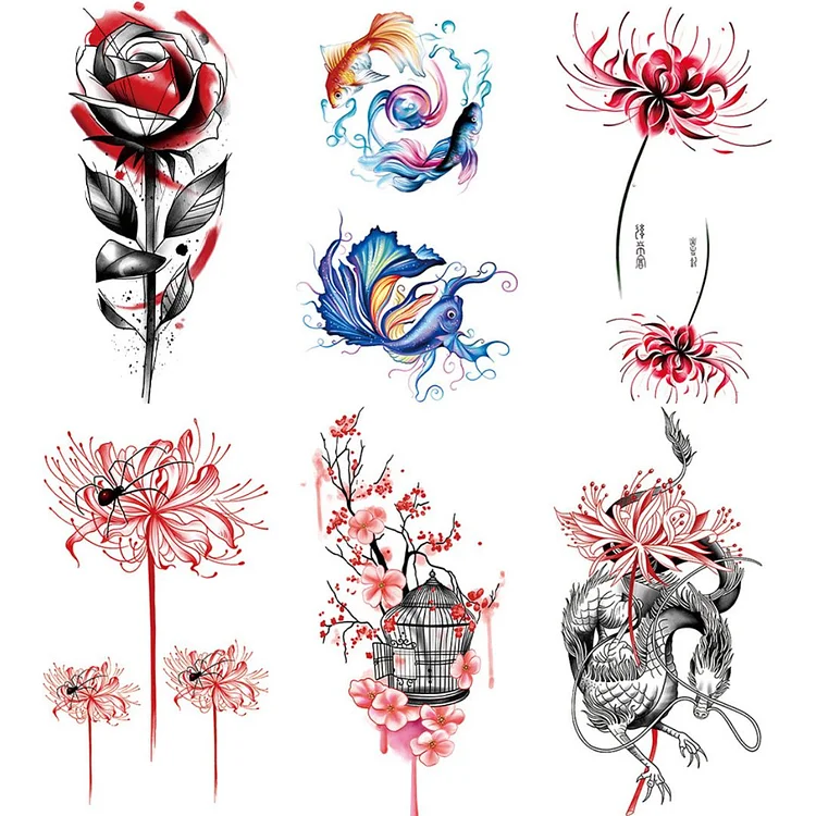 6 Sheets Rose Fish Flower Watercolor Temporary Tattoo Sticker
