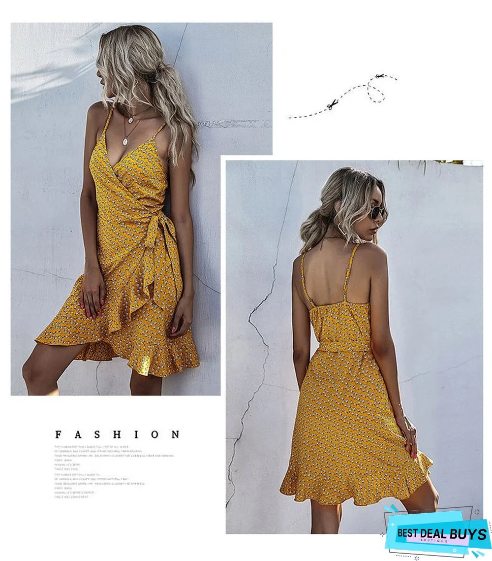 Summer Printing Irregular Ruffled Suspenders Dress Women