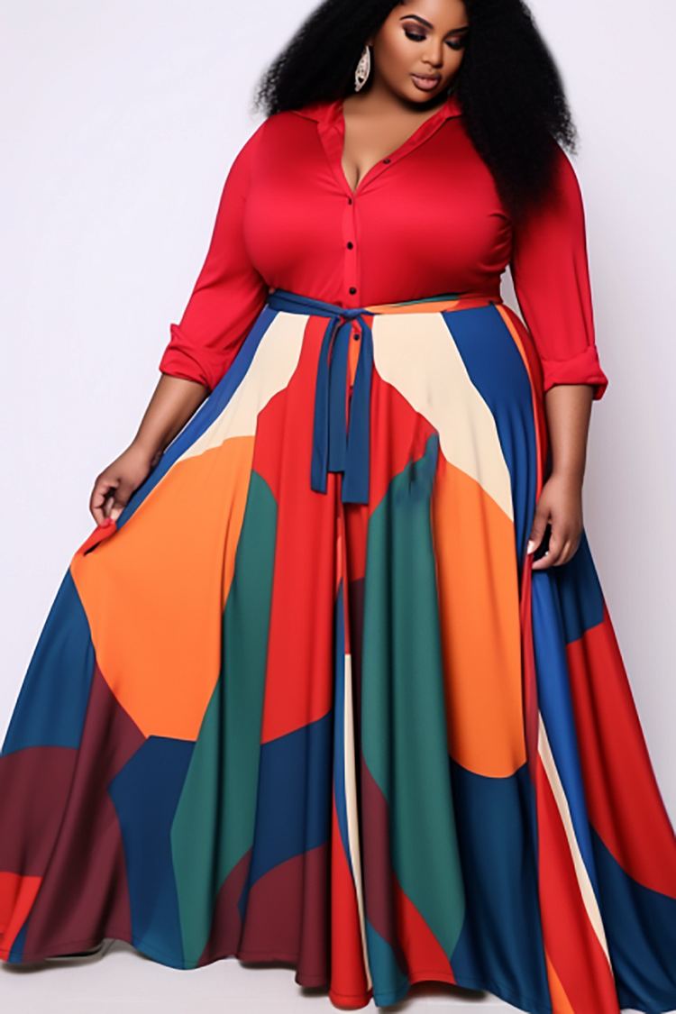 Plus Size Semi Formal Maxi Dresses Casual Red Colorblock Fall Winter V Neck 3/4 Sleeve Wrap Knitted Maxi Dresses [Pre-Order]