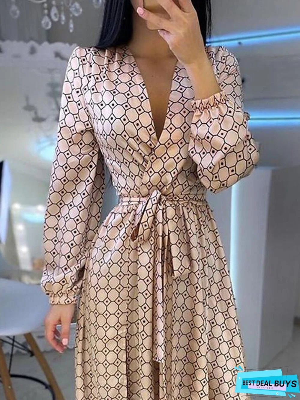 Women's Swing Dress Maxi Long Dress Long Sleeve Geometric Patchwork Print Spring Summer Hot Casual Lantern Sleeve Gold