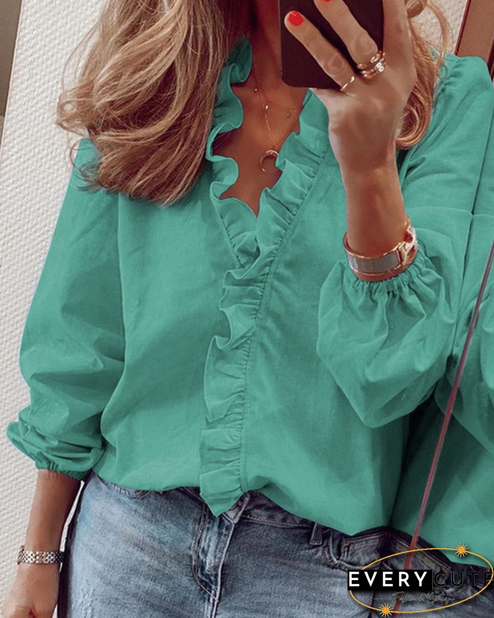 XS-8XL Spring Summer Tops Plus Size Fashion Clothes Women's Casual Long Sleeve Tops Loose T-shirts Deep V-neck Shirts Ladies Flare Tops Solid Color Chiffon Blouses