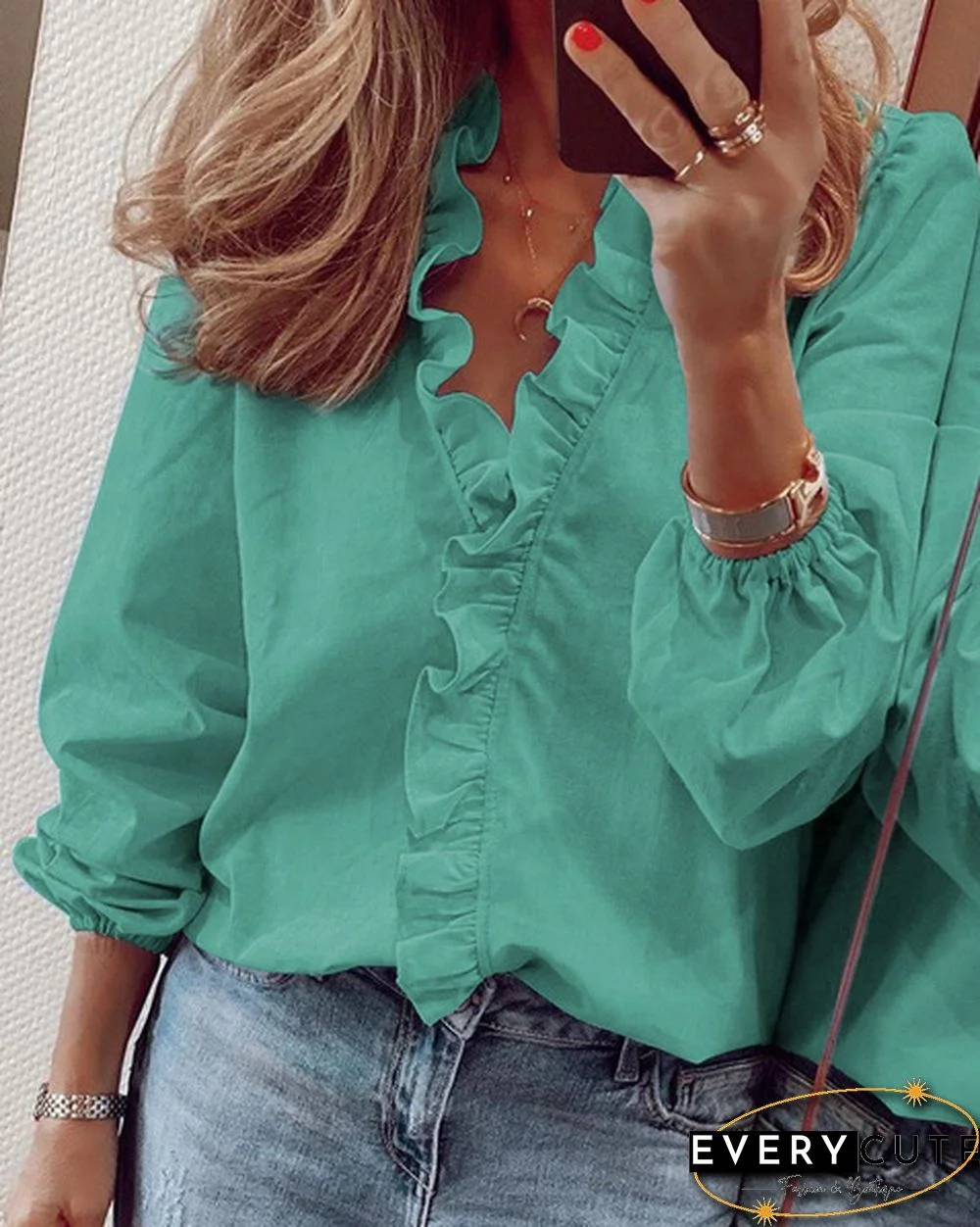 XS-8XL Spring Summer Tops Plus Size Fashion Clothes Women's Casual Long Sleeve Tops Loose T-shirts Deep V-neck Shirts Ladies Flare Tops Solid Color Chiffon Blouses