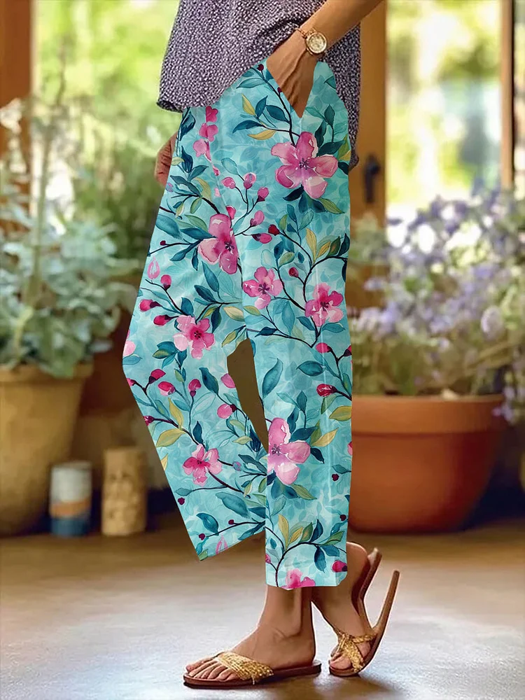 Floral Printed Cotton And Linen Casual Pants