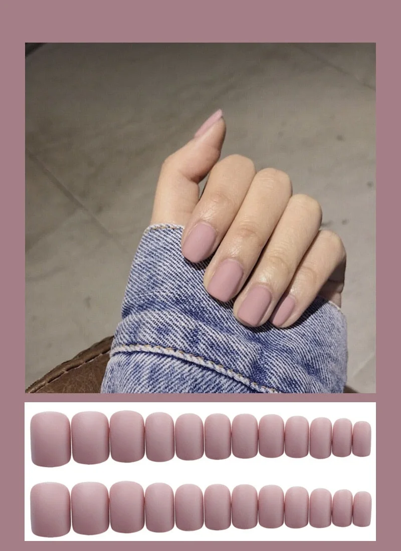 24pcs Dark Coffee Fake Nails Orange And Yellow Two-tone Matte Polish False Nail Patch Round Ballet Nail Tips Glue Wear Manicure-Nail Inspo