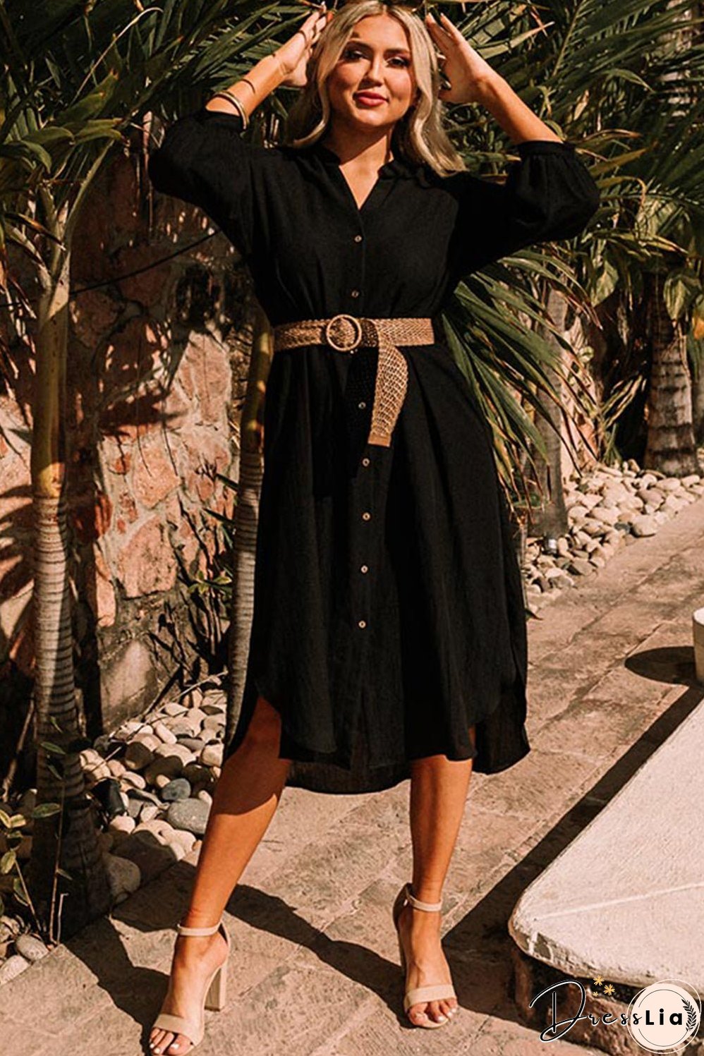 Black 3/4 Sleeve Button Up Long Kimono