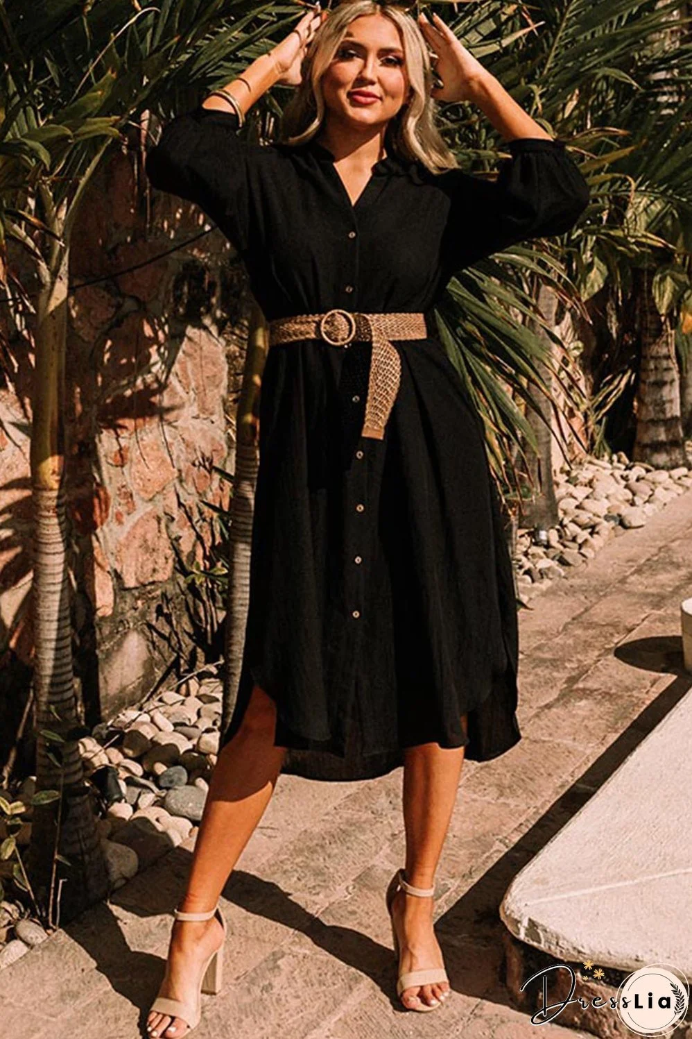 Black 3/4 Sleeve Button Up Long Kimono