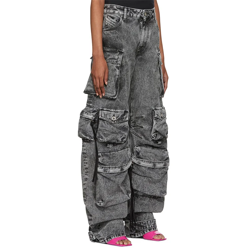 Colourp Colourp Spring And Autumn New Fashion Smoke Gray Splicing Multi-Pocket Cargo Pants Street Water To Make Old Long Wide-Leg Pants