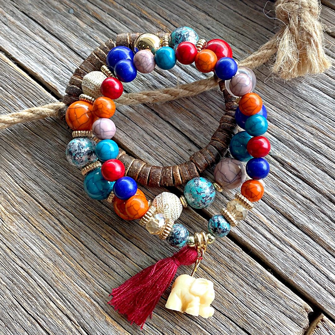 Boho Red Elephant Bead Bracelet