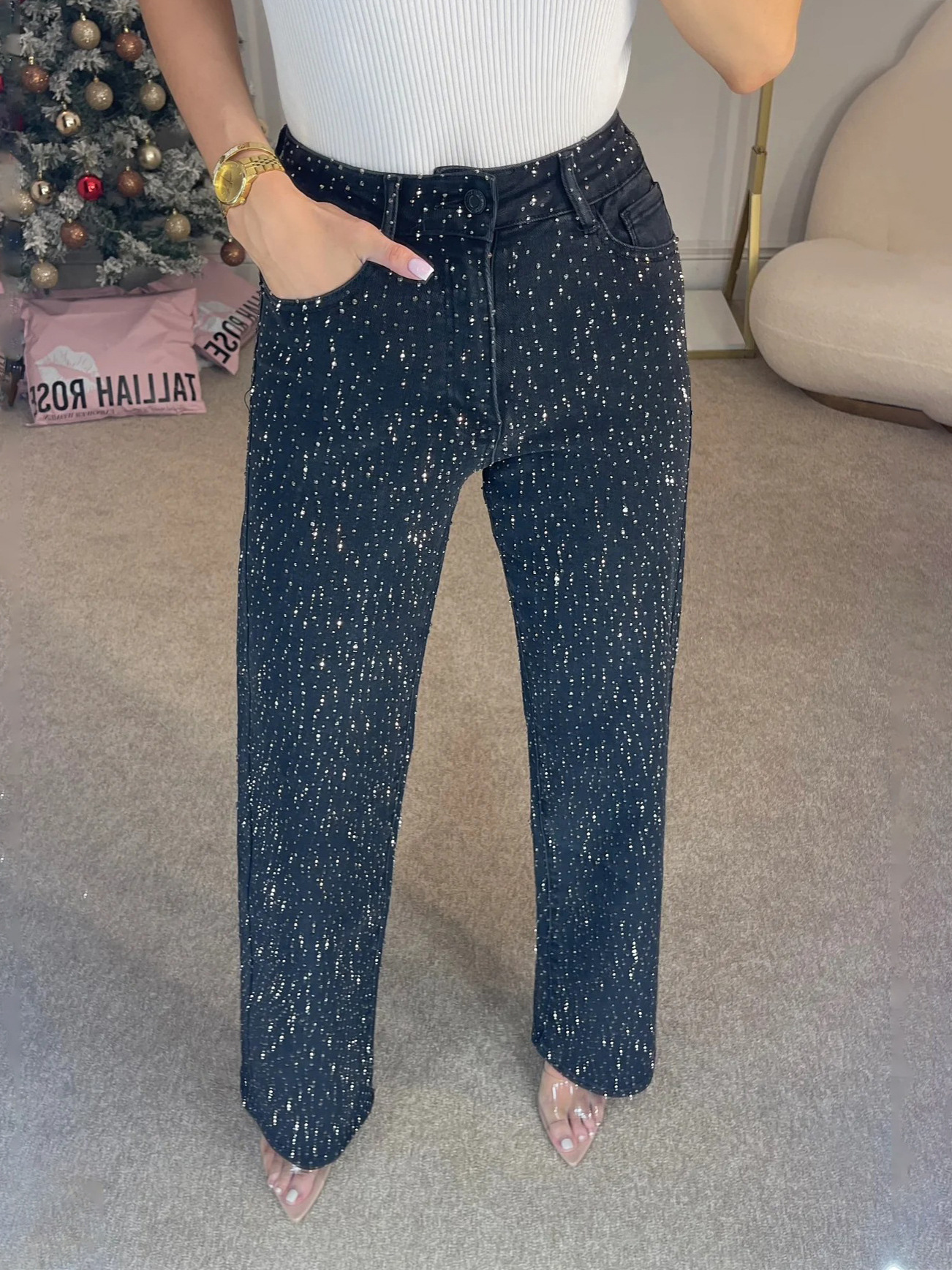Y2K Style Womens Rhinestone Washed Denim Pants High Waist Straight Cut
