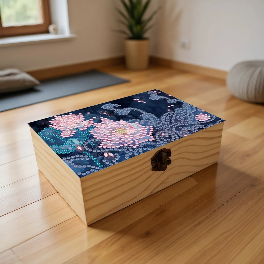 5D DIY Diamond Painting Handmade Wood Storage Box for Home Decor Craft (Lotus)