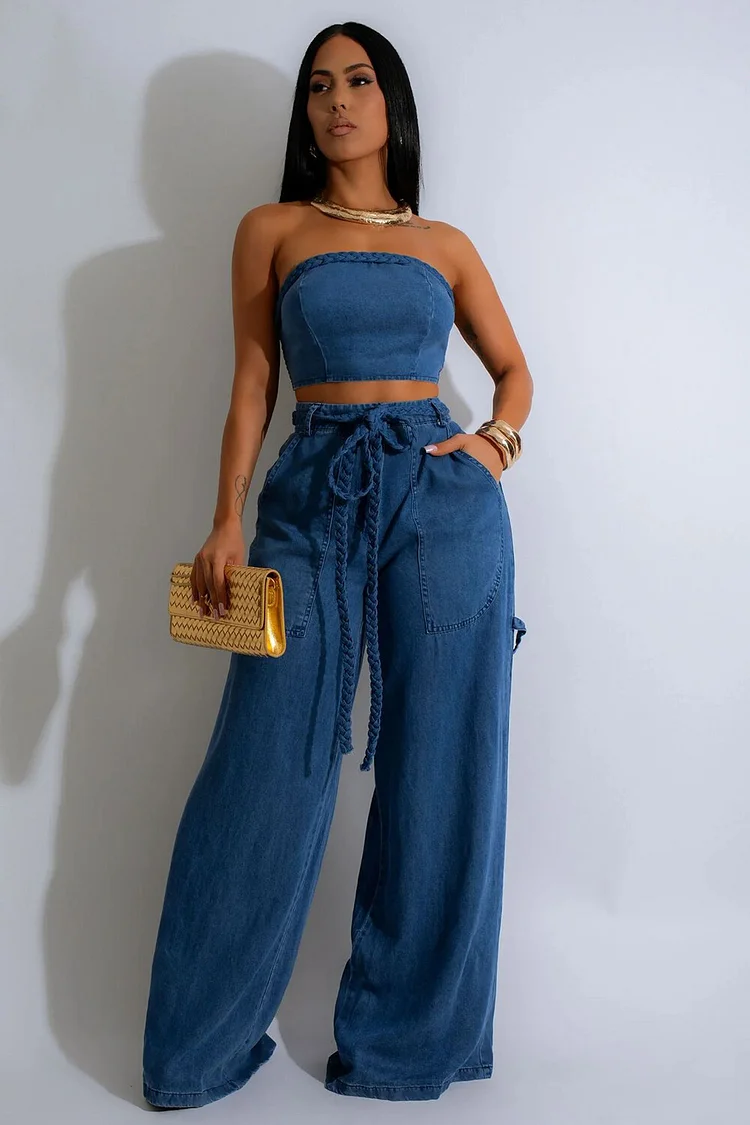 Denim Crop Tube Top Tie Up High Waist Wide Leg Pants 2pcs Set-Blue