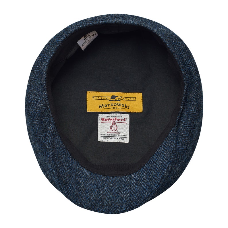 PEAKED CAPS Genuine Scottish Harris Tweed 8 Panels Newsboy Cap Apple Bandit Hooligan Blinder Hat Shelby Wool Large Crown BLUE-bLACK