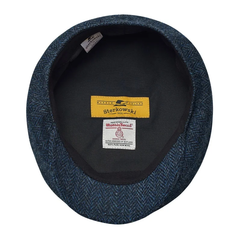 PEAKED CAPS Genuine Scottish Harris Tweed 8 Panels Newsboy Cap Apple Bandit Hooligan Blinder Hat Shelby Wool Large Crown BLUE-bLACK